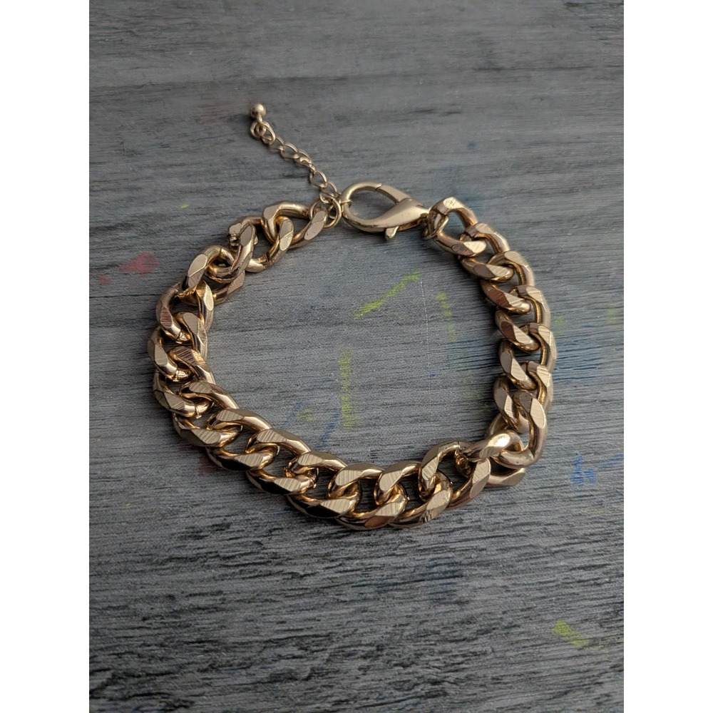 Gold Tone Chunky Curb Chain Bracelet Adjustable Lobster Clasp Statement Jewelry